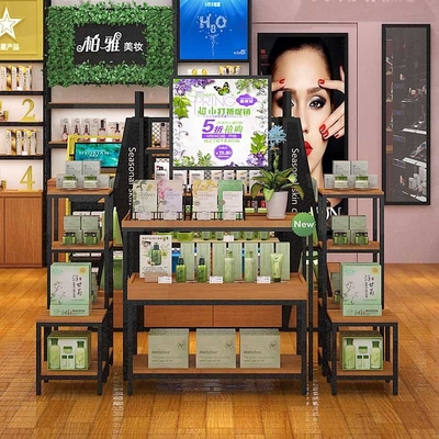 Ferro empilhado Três-configuração personalizado e cremalheiras de exposição de madeira do supermercado do armário de exposição da gôndola dos cosméticos