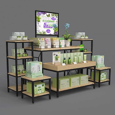 Ferro empilhado Três-configuração personalizado e cremalheiras de exposição de madeira do supermercado do armário de exposição da gôndola dos cosméticos