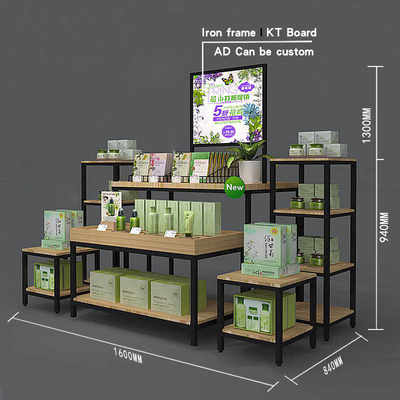 Ferro empilhado Três-configuração personalizado e cremalheiras de exposição de madeira do supermercado do armário de exposição da gôndola dos cosméticos